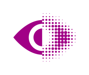 Bildzeichen des Deutschen Blinden- und Sehbehindertenverbandes (DBSV): Ein stilisiertes purpurfarbenes Auge, dessen linke Hälfte klar konturiert ist, während die rechte mit unterschiedlich großen Rasterpunkten unscharf dargestellt ist.