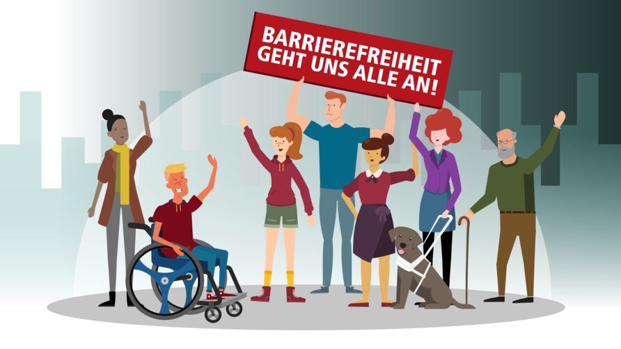 Illustration im Comic-Stil: Gruppe aus sieben Menschen, darunter ein Rollstuhlfahrer und eine Frau mit Führhund. Sie halten ein Schild mit der Aufschrift „Barrierefreiheit geht uns alle an!“